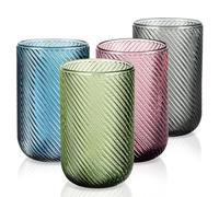 Joeyan Lot de 4 Multicolore Verres à Eau,410ml Verres à Boire Décoré en Strié Relief,Moderne Verre de Table Pour Eau Gazeuse,Jus de Fruits,Apéritif et Bière,Lavable Lave-Vaisselle(Bleu Gris Vert Rose)