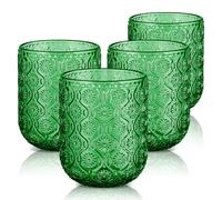 Joeyan Lot de 4 Verres à Eau en Verre, 260ml Vert Foncé Verres à Jus et Soda, Vintage Verres à Boire Design en Floraux Relief, Verre de table Pour Eau Gazeuse Apéritif et Bière, Lavable Lave-Vaisselle