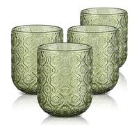 Joeyan Lot de 4 Verres à Eau en Verre Vert, 260ml Verres à Jus et Soda, Vintage Verres à Boire Design en Floraux Relief, Verre de table Pour Eau Gazeuse Apéritif et Bière, Lavable Lave-Vaisselle