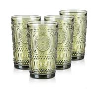 Joeyan Lot de 4 Verres à Eau Vert, 400ml Verres à Jus et Soda, Moderne Verres à Boire Relief en Tournesol Floraux, Verres de Table Pour Eau Gazeuse Orangeade Apéritif et Bière, Lavable Lave-Vaisselle