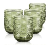 Joeyan Lot de 4 Vert Verres à Boire,260ml Coloré Verres à Jus et Soda,Vintage Verres à Eau Décoré en Floraux Relief,Verre de table Pour Eau Gazeuse orangeade Apéritif et Bière, Lavable Lave-Vaisselle