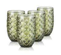 Joeyan Lot de 4 Vert Verres à Boire, 370ml Vintage Verres à Jus et Soda,Verres à Eau Design en Géométrique Relief, Verre de Table Pour Eau Gazeuse Orangeade Apéritif et Bière, Lavable Lave-Vaisselle