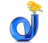 Joeyan Petit Vase à Fleurs en Verre Bleu, 12cm Mini Vase Mariage Deco Table | Décoratif Géométrique pour Centres de Table Modernes,Salon,Bureau, Fait à La Main, Abstrait pour Fleurs Simples et Sèches