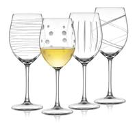 Joeyan Soufflé à la Main Verre à Vin à Pied avec Gravure,Verre Rouge et Blanc avec des Motif Ligne Pois,Verre de Dégustation pour Mariage Anniversaire Fête,560 ml,Lot de 4