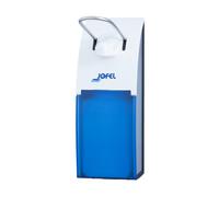 Jofel AC12000 Distributeur coude à levier en acier inoxydable pour savon gel, réservoir rechargeable de 500 ml, blanc et visière bleue