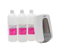 Jofel - AT30170 - Distributeur de savon Aitana blanc + 3 litres de savon gel à l'aloès, rechargeable d'une capacité de 0,9 litre, pour toilettes, valve anti-corrosion et anti-goutte, boîtier ABS