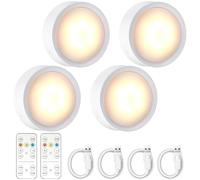 JOFLVA Spot LED Rechargeable USB 4 pcs, Veilleuse Cuisine Sans Fil Escalier Placard,3 Couleurs Dimmable,5 Niveaux de Luminosité, avec Télécommandes,Magnétique,Minuterie (avec Autocollant en Métal)