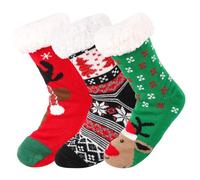 JOFONY Lot de 3 paires de chaussettes douillettes de Noël pour femme - Chaussettes chaudes avec pastilles adhésives antidérapantes - Chaussettes de Noël (taille 38-42), rouge, X-Large-XX-Large