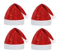 JOFONY Lot de 4 bonnets de Noël pour adultes avec paillettes - Bord en peluche - Chapeau de Père Noël rouge - Costume de Noël pour fête de Noël - Décoration de Noël