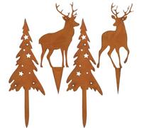JOFONY Lot de 4 décorations de Noël en forme d'élan avec sapins, aspect rouille, cerf à planter, pour décoration de jardin, décoration funéraire
