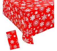 JOFONY Nappe de Noël, motif flocon de neige, en plastique rouge, rectangulaire, pour dîner de Noël, table à manger, pique-nique, intérieur et extérieur, 137 x 274 cm