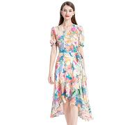 JOG MCERG Robe d'été à manches courtes en soie de mûrier avec col en V et fleurs mi-longues, Couleur de la fleur : floral, Small-X-Large