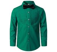 JOGAL Chemise à manches longues en coton uni pour garçon - Coupe droite - Pour enfants de 6 à 14 ans - Avec nœud papillon, Vert profond., 7-8 ans