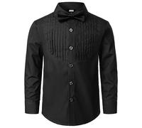 JOGAL Chemise à manches longues en coton uni pour garçon - Coupe droite - Pour enfants de 6 à 14 ans - Avec nœud papillon, Noir , 5-6 ans