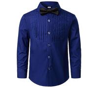 JOGAL Chemise à manches longues en coton uni pour garçon - Coupe droite - Pour enfants de 6 à 14 ans - Avec nœud papillon, Marine, 11-12 ans