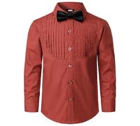 JOGAL Chemise à manches longues en coton uni pour garçon - Coupe droite - Pour enfants de 6 à 14 ans - Avec nœud papillon, rouge brique, 11-12 ans