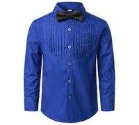 JOGAL Chemise à manches longues en coton uni pour garçon - Coupe droite - Pour enfants de 6 à 14 ans - Avec nœud papillon, bleu roi, 13-14 ans