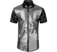 JOGAL - Chemise à paillettes style disco des années 70, à manches courtes pour homme, noir/argent, Large