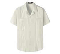 JOGAL Guayabera Chemise cubaine à manches courtes décontractée boutonnée pour la plage, Kaki clair., Taille M