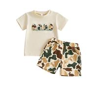 Jogging Enfant Garcon Ensemble Deux pièces pour garçon, Confortable et Respirant, idéal pour Pâques Short Manches Courtes imprimé Dessin animé. (Beige, 18-24 Months)