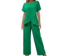 Jogging Femme Ensemble Deux Pièces Manches Courtes Col Rond Ample Décontracté Irrégulier Couleur Unie Femmes Originaires Europe Amérique Haute Pantalon Large Tendance Estivale (Green, XL)