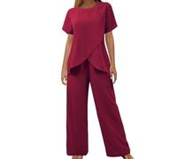 Jogging Femme Ensemble Deux Pièces Manches Courtes Col Rond Ample Décontracté Irrégulier Couleur Unie Femmes Originaires Europe Amérique Haute Pantalon Large Tendance Estivale (M)