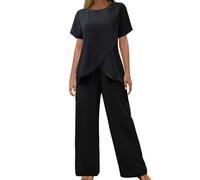 Jogging Femme Ensemble Deux Pièces Manches Courtes Col Rond Ample Décontracté Irrégulier Couleur Unie Femmes Originaires Europe Amérique Haute Pantalon Large Tendance Estivale (Black, M)