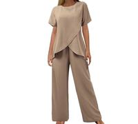 Jogging Femme Ensemble Deux Pièces Manches Courtes Col Rond Ample Décontracté Irrégulier Couleur Unie Femmes Originaires Europe Amérique Haute Pantalon Large Tendance Estivale (Khaki, M)
