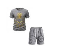 Jogging Homme Ensemble en Lin, Ensemble Homme Ete Imprimé Coupe Ample Tenue Shirt Col Rond Manches Courtes Et Short avec Cordon De Serrage Leger Fluide Sport DéContractéE Quotidienne Plage Vacances