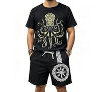 Jogging Homme Ensemble en Lin, Ensemble Homme Ete Imprimé Coupe Ample Tenue Shirt Col Rond Manches Courtes Et Short avec Cordon De Serrage Leger Fluide Sport DéContractéE Quotidienne Plage Vacances