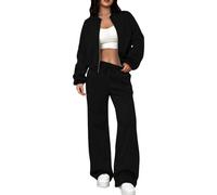 Jogging Velours Femme Jogging Polaire Femme Womens 2 Piece Outfits Sweatsuit Sets Zip Sweatshirt Baggy Fall Fashion Sweatpants with Pockets Ensemble Interieur Tenue Chaude (Black,XL)