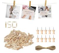 Jogoico Mini Pince à Linge Bois 150PCS, 25mm Naturel Épingles à Linge Bois Petite avec 10M Ficelle de Jute et 10PCS Punaises Liege, Clips Photo Bois Déco pour Cartes Postales Photo Loisirs Créatifs