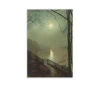 John Atkinson Grimshaw Prints 《Moonlight on the Lake, Roundhay Park, Leeds, 1872》 Décoration murale sur toile Décoration d'intérieur moderne 50 x 75 cm