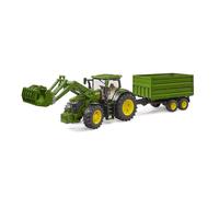 John Deere 7R avec chargeur avant et remorque avec attelage tandem