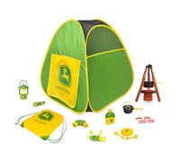 John Deere Tente de camping pop-up 18 pièces comprenant cantine, assiettes, ustensiles, nourriture de jeu, casseroles, jumelles, lanterne et lampe de poche, jeux d'intérieur et d'extérieur