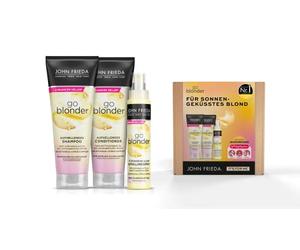 John Frieda Go Blonder Kit avantageux pour cheveux blonds - Shampoing, après-shampoing, spray éclaircissant et masque pour les yeux MegRhythm gratuit - Éclaircit progressivement - Convient également