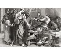 John Wycliffe sur son lit de maladie rejette un appel d'un groupe de frères à rétracter ses enseignements Oxford 1378. John Wycliffe également orthographié Wycliff Wyclif Wicliffe et Wiclif c.1330