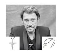 JOHNNY HALLYDAY PENDENTIF CROIX & GUITARE 6x4 cm L'ORIGINAL! Couleur Argent