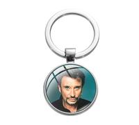 Johnny Hallyday Porte-clés Célèbre Rock Singer Cabochon en Verre Argent Porte-clés pour Homme Femme Fans Cadeau, blanc, L