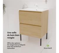 Johnstone Meuble de salle de bain lavabo meuble de salle de bain 60 cm avec lavabo en céramique fonction fermeture douce 2 tiroirs rangement pratique bois naturel