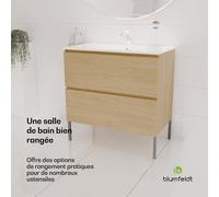 Johnstone Meuble de salle de bain lavabo meuble de salle de bain 80 cm avec lavabo en céramique fonction fermeture douce 2 tiroirs rangement pratique bois naturel