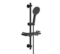 JOHO Barre de douche en acier inoxydable 70 cm avec tuyau et support, colonne de douche avec douchette 3 jets et Étagère sans Perçage, fixation murale réglable adapté aux trous existants, noir