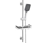 JOHO Barre de douche en acier inoxydable 70 cm avec tuyau et support, colonne de douche avec douchette 3 jets et Étagère sans Perçage, fixation murale réglable adapté aux trous existants, chromé