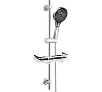 JOHO Barre de douche en acier inoxydable 70 cm avec tuyau et support, colonne de douche avec douchette 3 jets et Étagère sans Perçage, fixation murale réglable adapté aux trous existants, chromé