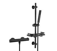 JOHO Colonne de Douche avec Mitigeur thermostatique et Barre de Douche Inox Mural Réglable Douchette Salle de Bain, Set de Barre de Douche en inox 70cm avec douchette à main et Robinetterie Noir