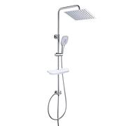 JOHO Colonne de Douche Hydromassante avec Étagère Douche sans Percage Blanc Ranger Shampooing Savon Système de Douche Pluie Réglable en Hauteur pour Salle de Bain Pommeau Douche 25x25cm