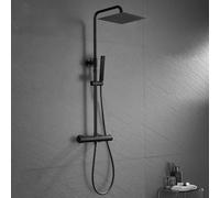 JOHO Colonne de douche Inox avec Robinetterie Thermostatique, Système Pluie pour Cabine Baignoire avec Barre Réglable Hauteur et Tête de Douche 25x25 cm Noir