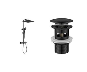 JOHO Inoxy 304 Colonne de Douche Noir avec 38 ° C Mitigeur Thermostatique Colonne Douche Inox Mural & Ibergrif M20502B Bombe Vidage Salle de Bain, Bonde lavabo avec Trop Plein, Pop Up, Noir, M