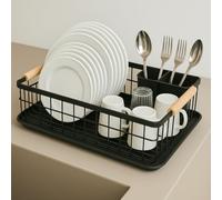 JOHSEATY Egouttoir Vaisselle avec Manche en Bois - 42x32cm I Inoxydable avec Porte-Couverts I Egoutoire Vaisselle Cuisine Noir I Rangement Dish Drainer Dessus Égouttoirs à seche Vaisselle Petit Rack