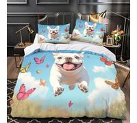 Joie du Bouledogue Français 3D Imprimé Housse de couette Microfibre inaltérable Illustration d'animal de dessin animé Drap de couette 2 taies anti-decoloration déco chambre enfant Double（200x200cm）